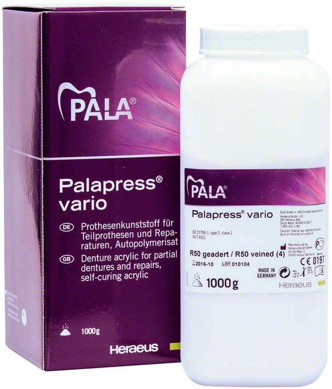 Palapress® vario Pulver 1000g Behälter neben lila Verpackung.