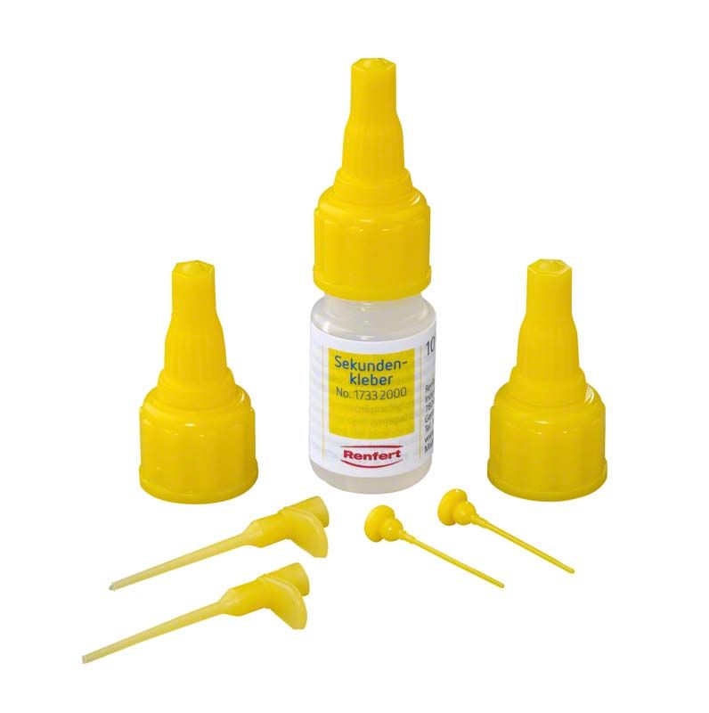 Sekundenkleber Der Kraftvolle, 10g Flasche mit gelben Applikatoren.