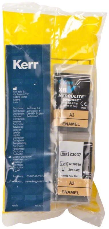 Herculite XRV Enamel Unidose A2 im Kunststoffbeutel mit Kerr-Logo.