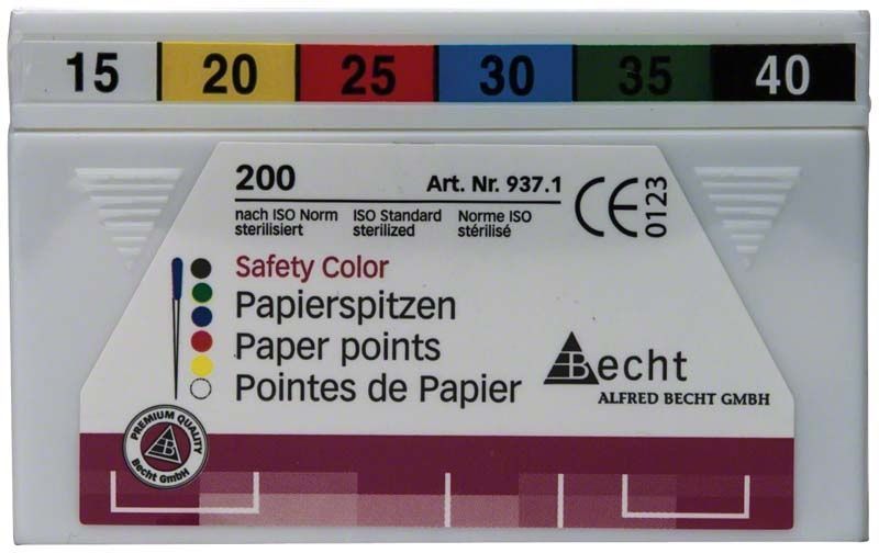 Papierspitzen safety color in Farbcodierung, Verpackung mit ISO-Norm Hinweis.