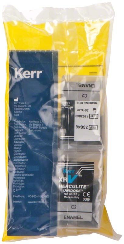 Verpackung von Herculite XRV Enamel Unidose C2 mit Kerr-Logo.