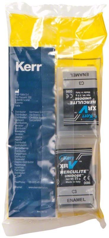 Herculite XRV Enamel Unidose C3 in Kunststoffverpackung mit Produktinformationen.