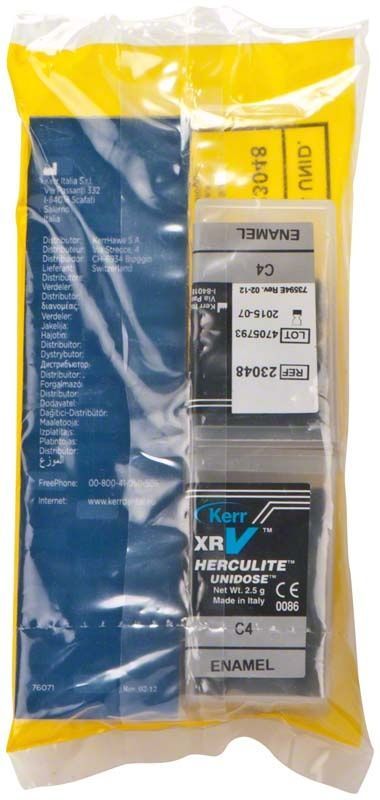 Herculite XRV Enamel Unidose C4 in Kunststoffverpackung mit Etiketten.