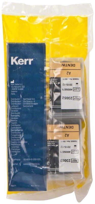 Kerr Herculite XRV Dentin Unidose A2 Verpackung mit zwei Einzeldosen.