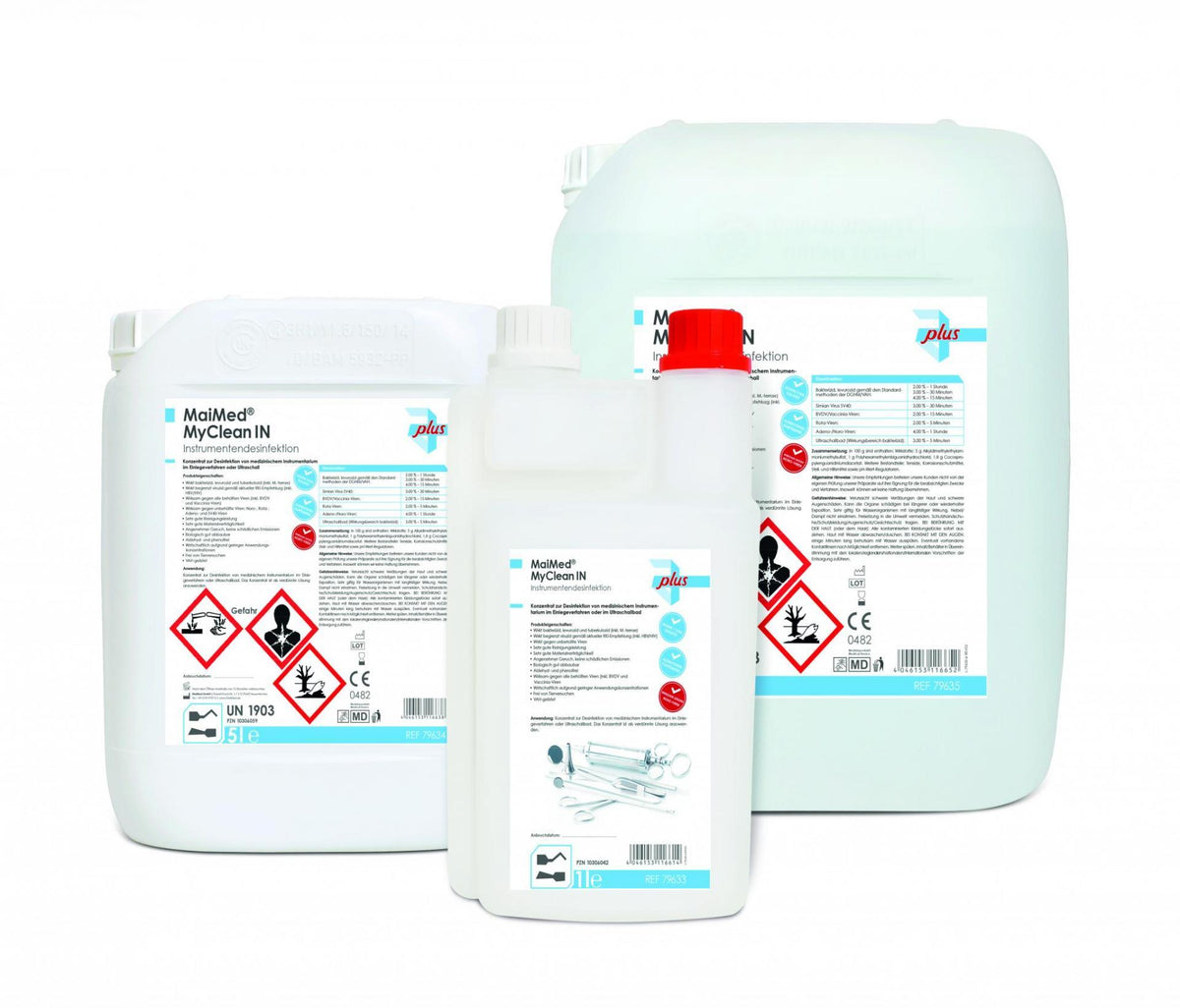 Drei Kanister MyClean IN Instrumentendesinfektionsmittel mit Etiketten und Gefahrensymbolen.