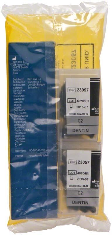 Verpackung von Herculite XRV Dentin Unidose C2 mit Produktinformationen.