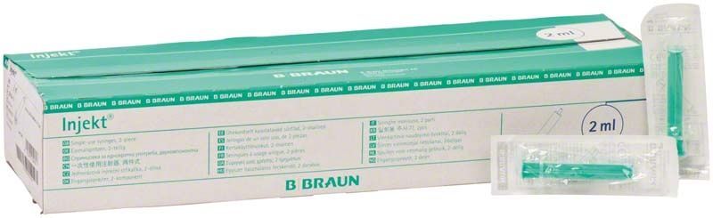 Injekt Solo 2ml Spritzenverpackung mit einzeln steril verpackter Spritze.