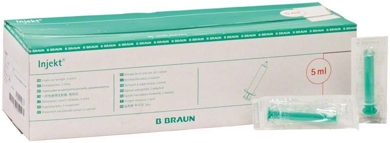 Verpackung der Injekt Solo 5ml Spritzen von B. Braun mit Einzelverpackungen.