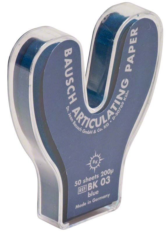 Artikulationspapier Hufeisenform 200µ blau in transparenter Verpackung.