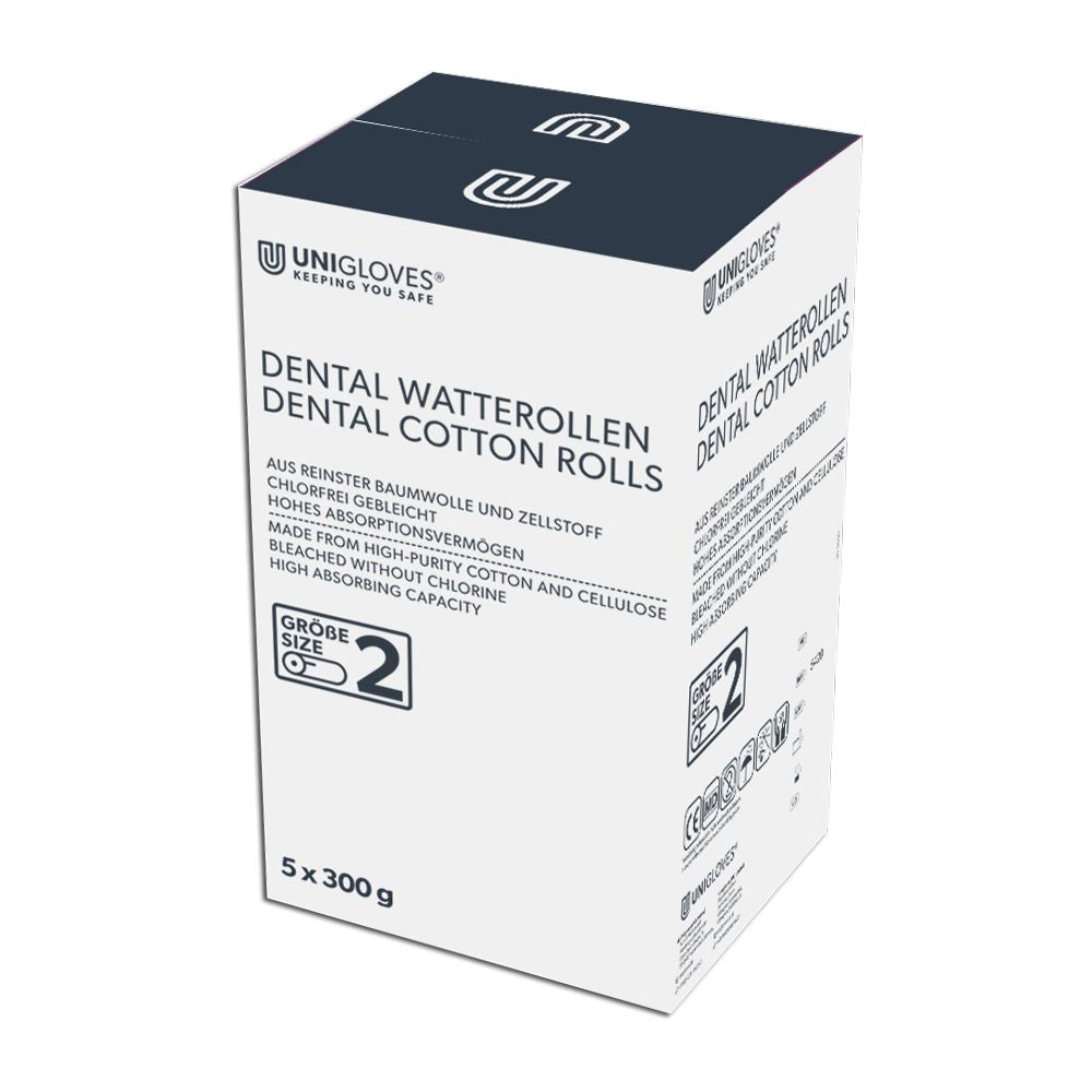 Verpackung der Dental-Watterollen Gr. 2 mit Produktinformationen.