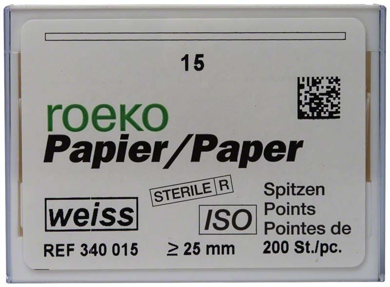 ROEKO Papierspitzen weiss, sterile Endodontie-Verpackung Größe 015, 200 Stück.