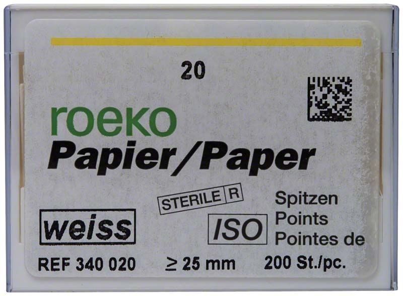 ROEKO Papierspitzen Verpackung, Größe 020, mit ISO- und Sterile-Kennzeichnung.