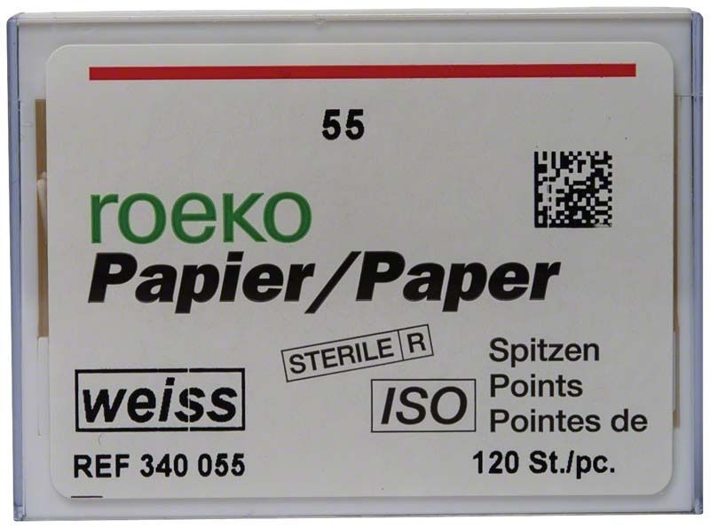 ROEKO Papierspitzen weiss Gr. 055, sterile Verpackung mit ISO-Zertifizierung.