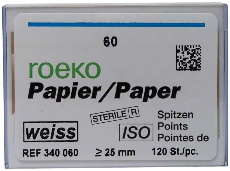 ROEKO Papierspitzen Gr. 060 in weißer Verpackung mit ISO-Symbolen.