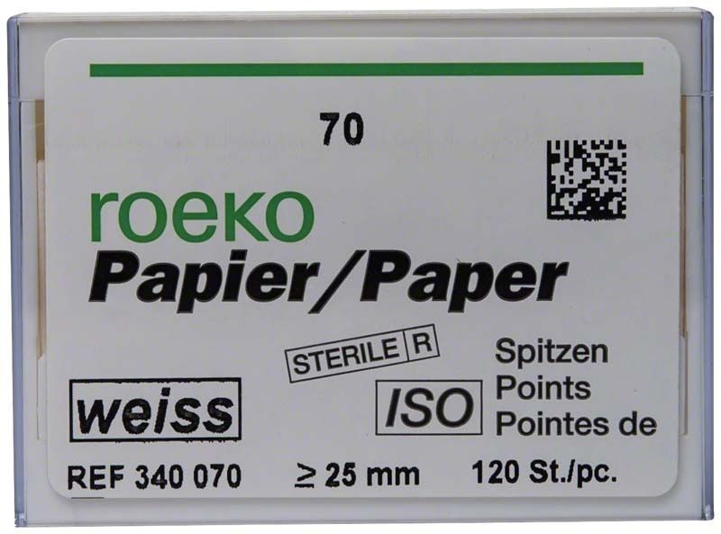 ROEKO Papierspitzen Verpackung, Größe 070, mit ISO-Symbolen und QR-Code.