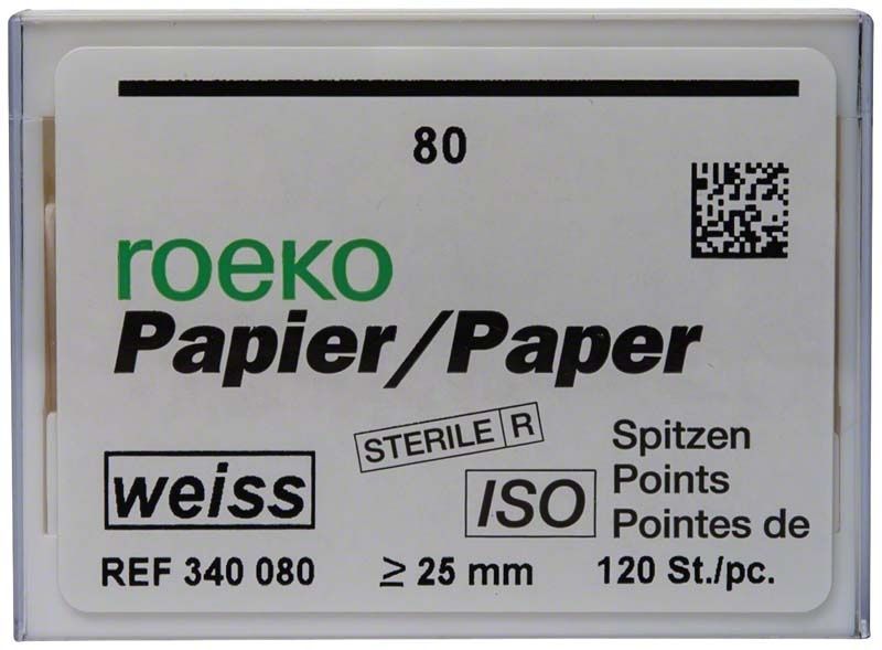 ROEKO Papierspitzen weiss Gr. 080, sterile Endodontie-Verpackung.