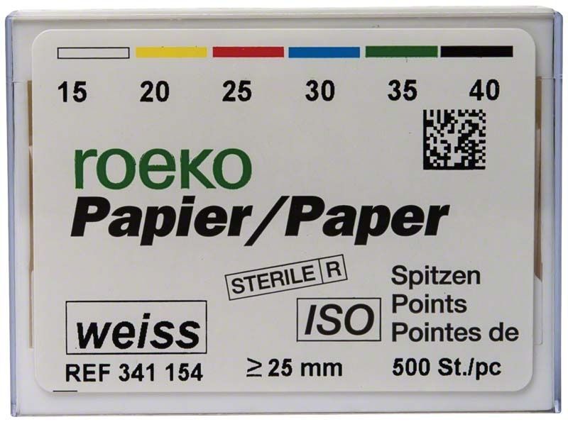 ROEKO Papierspitzen weiß Vorratspackung Gr. 015-040 mit Farbcodierung und ISO-Norm.
