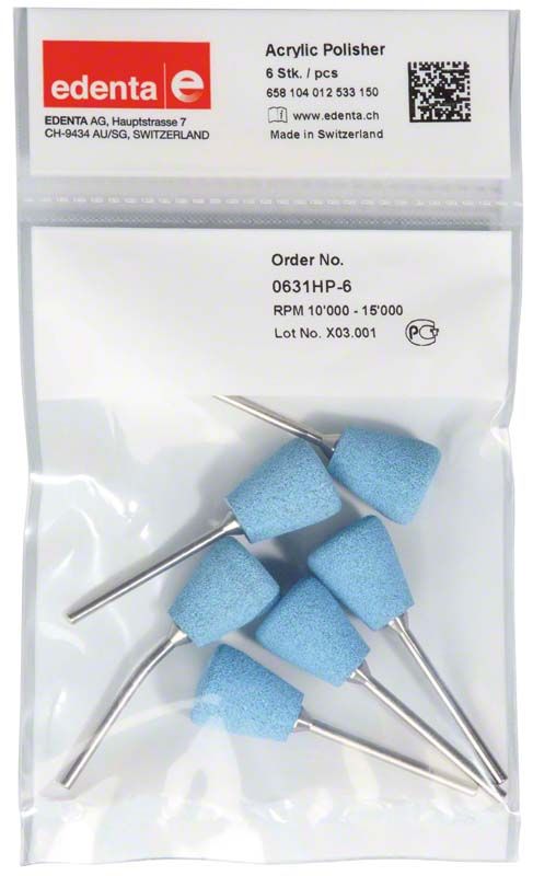 Acrylic Polisher dunkelblau für Dentaltechnik in Verpackung mit fünf Kegeln.