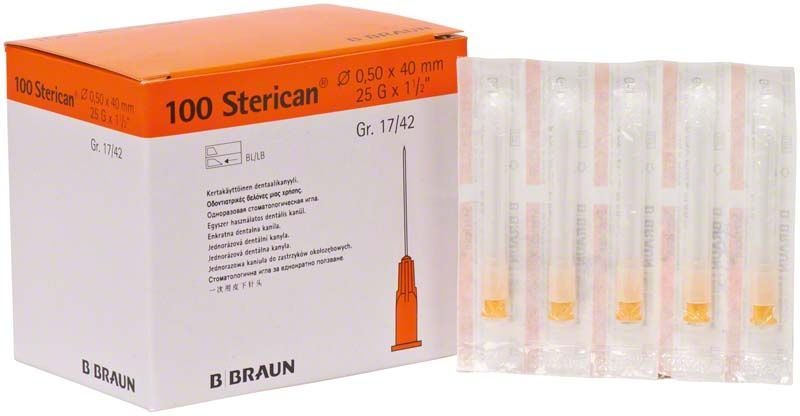 Sterican Dentalkanülen 25G, verpackt in einer orangefarbenen Box mit Einzelverpackungen.
