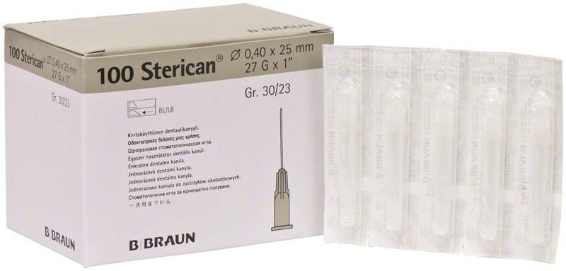 Verpackung der Sterican Dentalkanülen 27G 0,4 x 25 mm mit fünf Einmalkanülen.