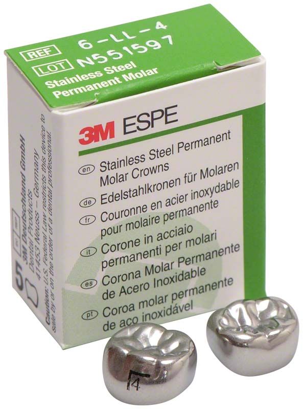 Edelstahlkronen für 6-Jahr-Molar UK 6-LL-4 mit Verpackung.