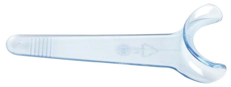Mundöffner aus transparentem Kunststoff mit langem Griff und Wangenhalter.