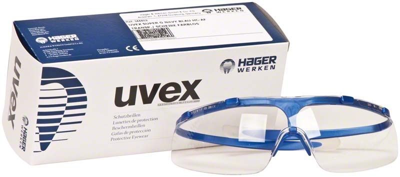 uvex iSpec® Super Lite Fit Schutzbrille mit blauen Bügeln und Verpackung.