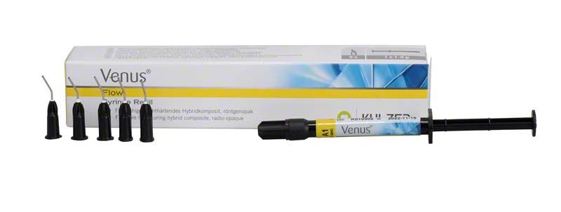 Venus Flow Spritze A1 mit Verpackung und fünf Applikationsspitzen.