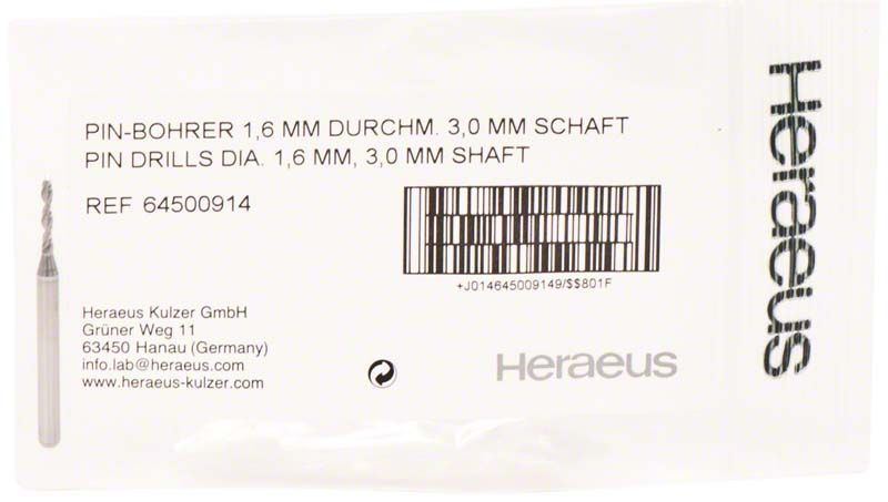 Pin-Bohrer Ø 1,6 mm mit Metallhülse in Verpackung von Heraeus Kulzer.