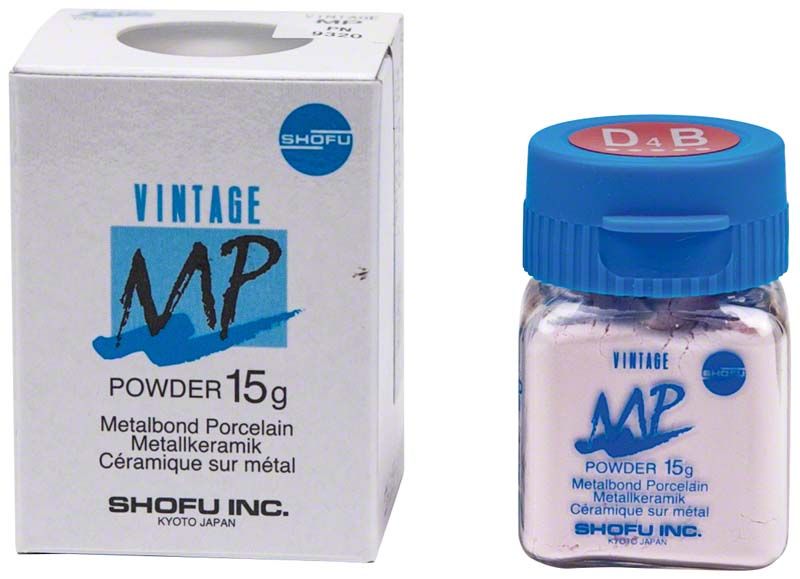 Vintage MP Metallkeramik-Pulver 15g, D4B, mit blauer Verschlusskappe.