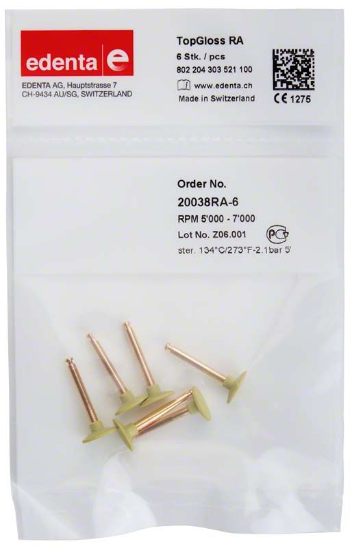 Verpackung mit sechs TopGloss Polierer Rad Aufsätzen von Edenta.