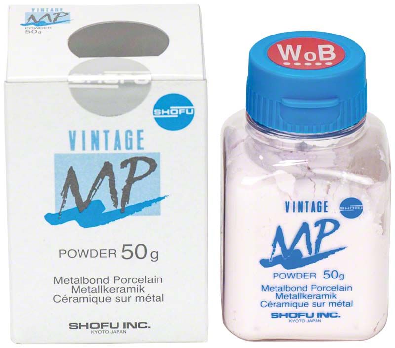VINTAGE MP Dentin 50g W0B, Verpackung und Glasflasche.