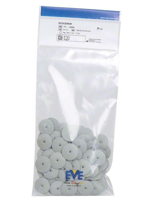 Unmontierte EVE-Ecoceram fein L22SK Schleifscheiben in transparenter Verpackung.