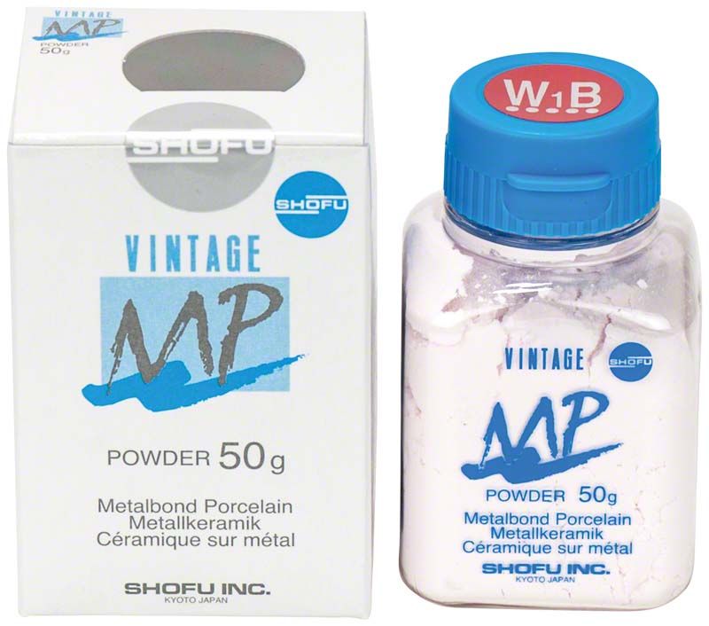 VINTAGE MP Dentin 50g W1B Pulververpackung und Flasche mit blauem Deckel.