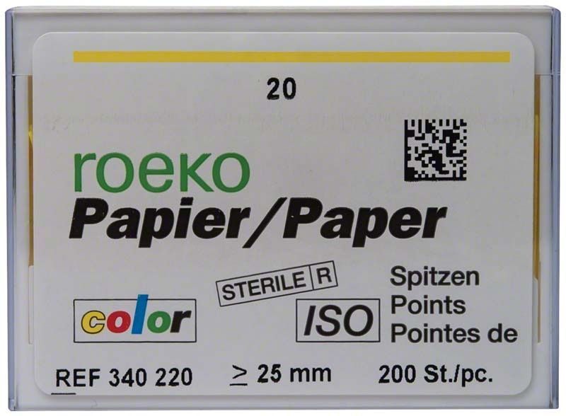 ROEKO Papierspitzen Gr. 020 in gelber Normalpackung mit Farbcodierung.