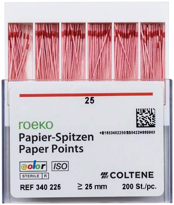 ROEKO Papierspitzen Gr. 025 rot in Verpackung für Zahnmedizin.