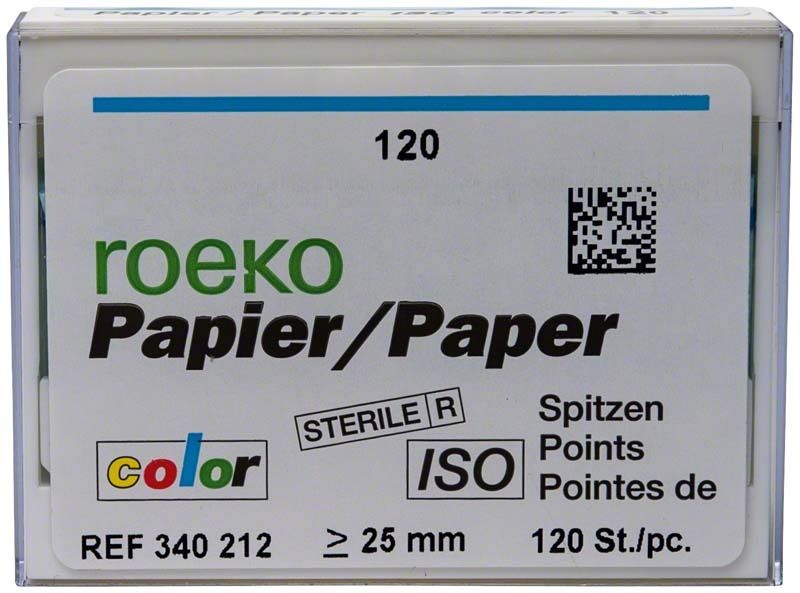 ROEKO Papierspitzen Gr. 120, blaue Verpackung, sterile Dentalprodukte.