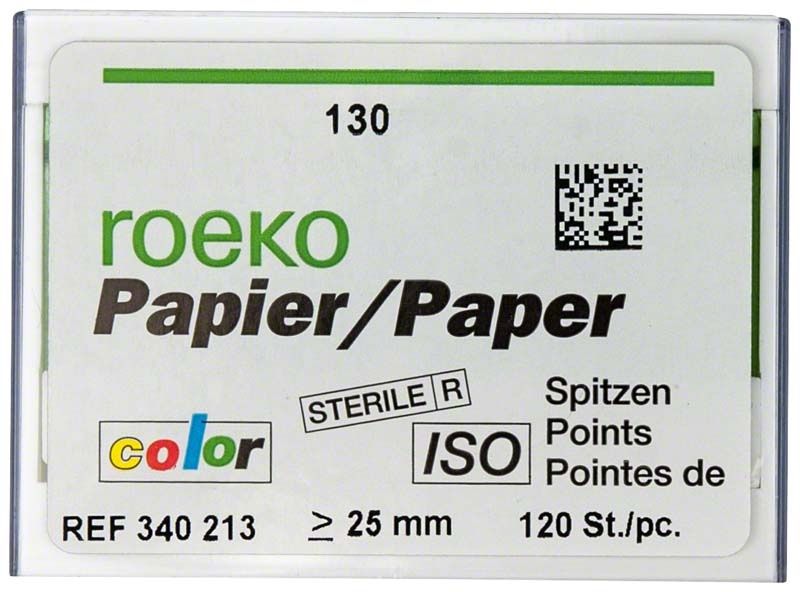 ROEKO Papierspitzen Gr. 130, sterile, in grüner Normalpackung.