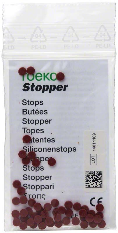 Transparente Verpackung mit roten ROEKO Stoppern und mehrsprachiger Beschriftung.