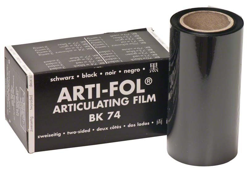 Arti-Fol® Artikulationsfolie, 2-seitig, 75mm breit, schwarze Rolle und Verpackung.