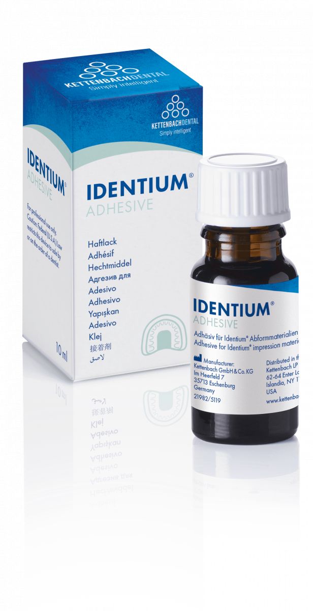 Identium® Adhesive Flasche und Verpackung mit blauer Aufschrift und Logo.