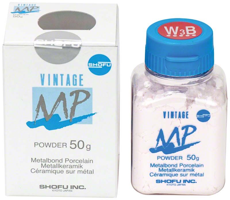 VINTAGE MP Dentin 50g W3B Verpackung und Flasche mit blauem Deckel.