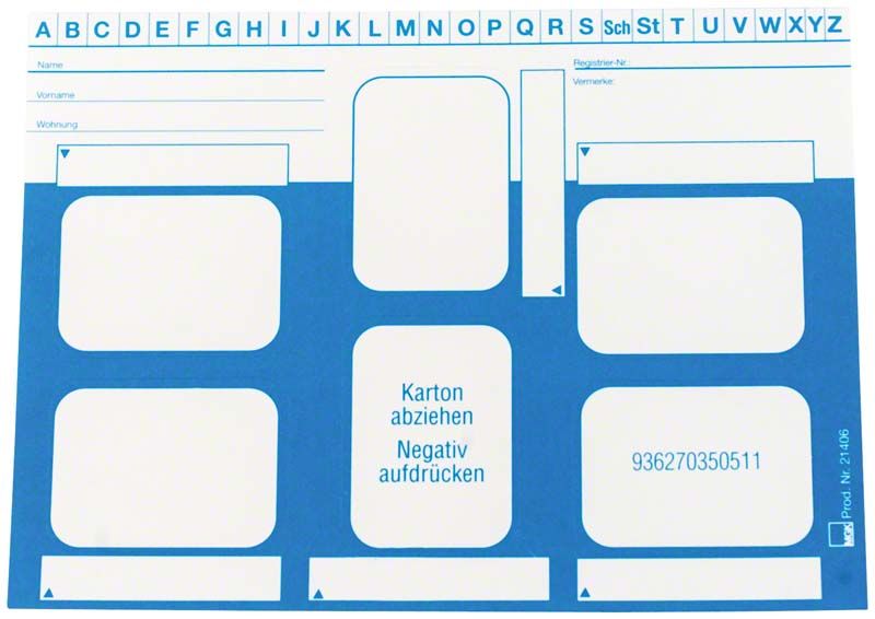 Dentalfilmkarten mit blauer Beschriftung und Feldern zur Filmaufbewahrung.