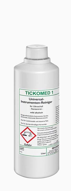 Tickomed 1 Universal-Instrumentenreiniger-Flasche mit Etikett und Warnhinweisen.