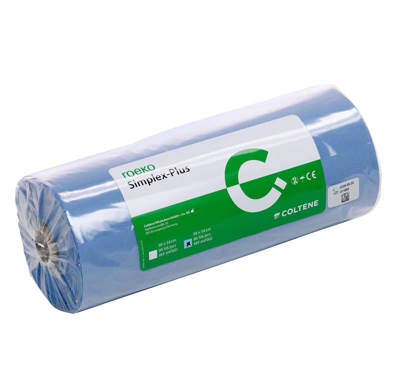 Rolle von ROEKO Simplex-Plus blau Einwegumhängen mit Etikett.