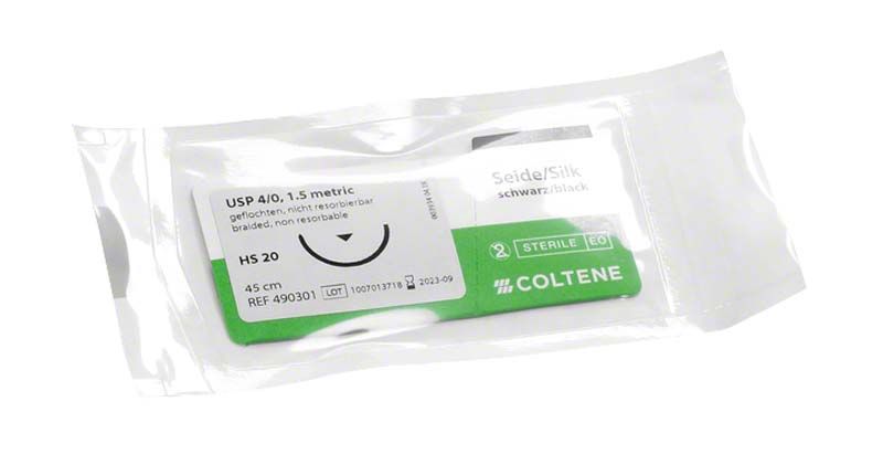 Sterile Verpackung mit Coltene Sintraumal Nahtmaterial, schwarz, 45cm, HS20.