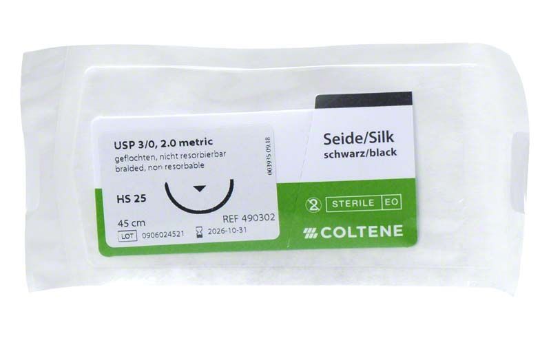 Sterile Doppel-Peelpackung mit Sintraumal Seide 3/0, 45cm, HS25 von Coltene.