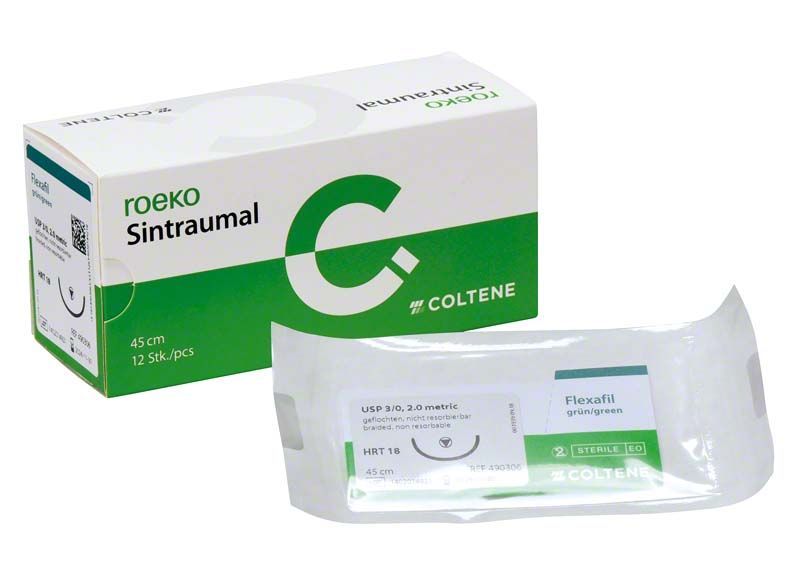 Sterile Doppel-Peelpackung von Sintraumal Flexafil 3/0 HRT18, 45 cm Nahtmaterial.