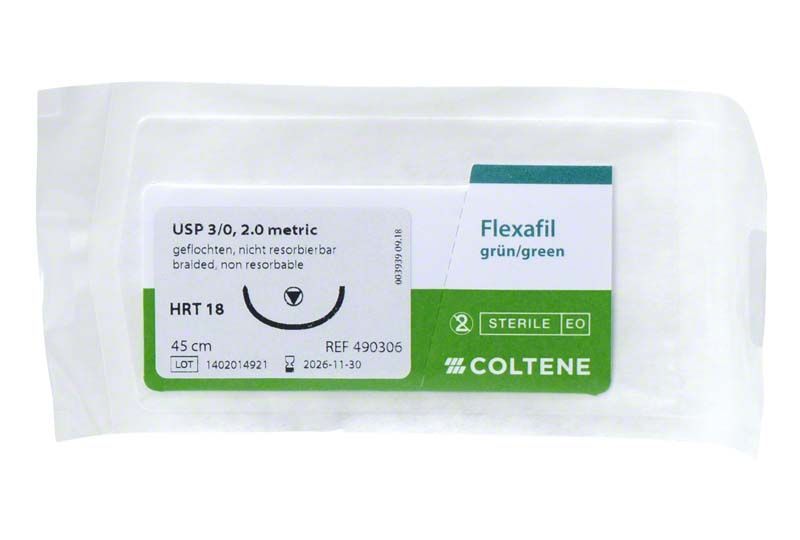 Sterile Verpackung von Sintraumal Flexafil 3/0 HRT18, 45 cm Nahtmaterial.