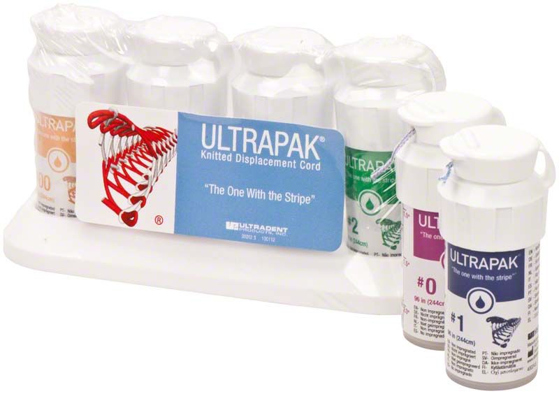 Ultrapak™-Retraktionsfaden-Kit mit fünf farbigen Flaschen auf weißem Tablett.